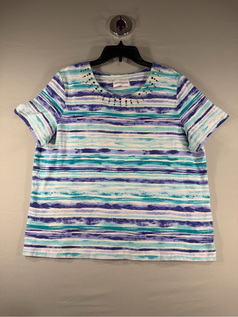 Alfred Dunner Blue, Teal & Purple Striped Short Sleeve Top with Studded Neckline